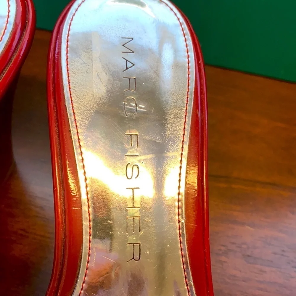 Women’s Marc Fisher Red Patent Leather with Silver Buckle Wedges Heels Size 6.5M